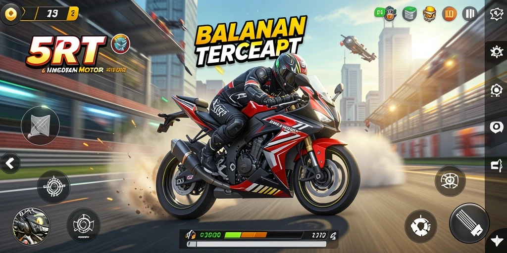 Tampilan gameplay mendebarkan di 5RT saat balapan motor.