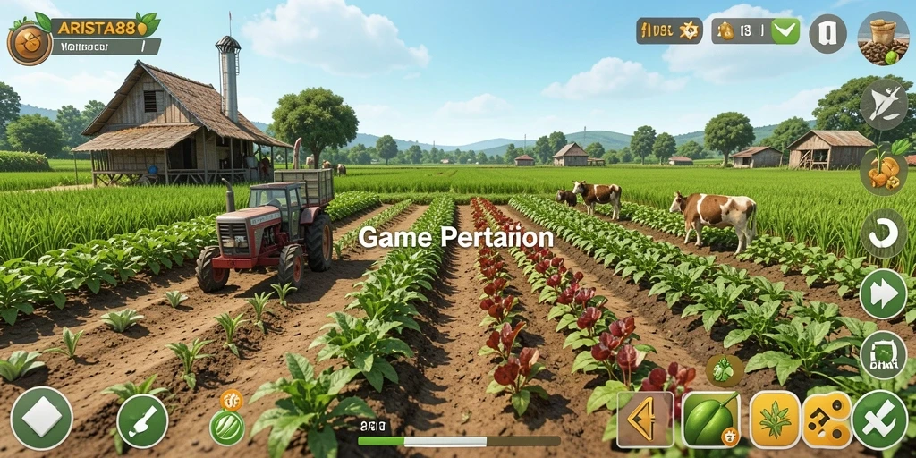 Gameplay ARISTA88 menampilkan lahan pertanian yang hijau dan subur.