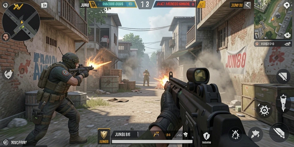 Menampilkan aksi seru dan intens dalam permainan FPS.