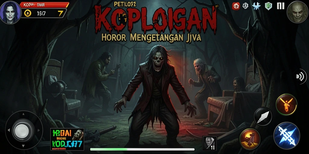 Screenshot gameplay KOPLO77 yang menampilkan aksi menegangkan di lokasi horor.