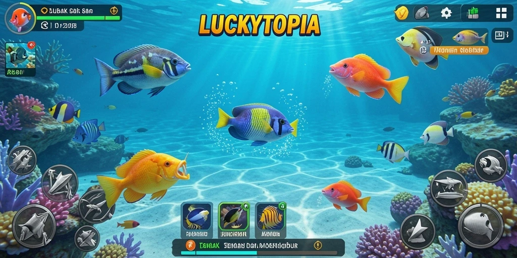 Gameplay seru LUCKYTOPIA dengan ikan berwarna-warni.