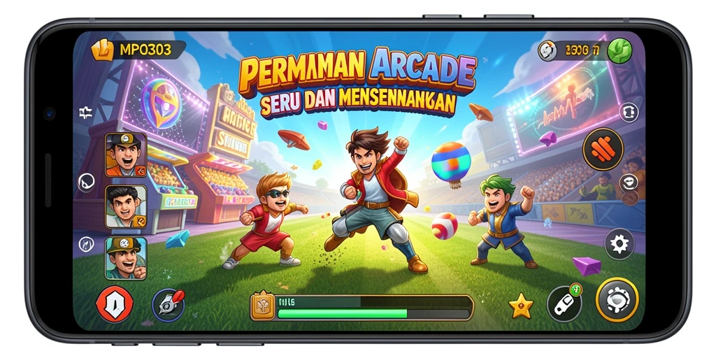 Screenshot MPO303 menampilkan gameplay seru dengan karakter berwarna-warni.