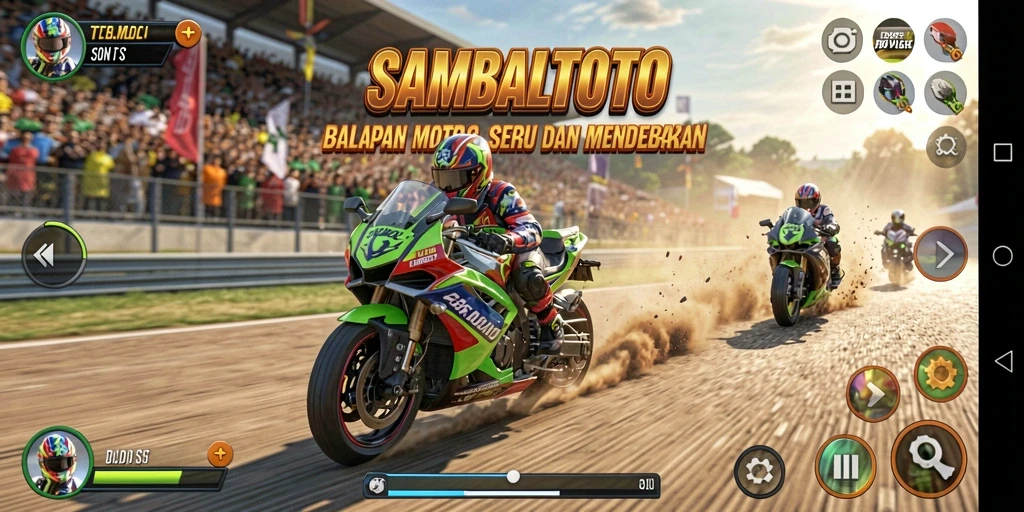 Screenshot gameplay SAMBALTOTO menampilkan balapan motor yang mendebarkan.