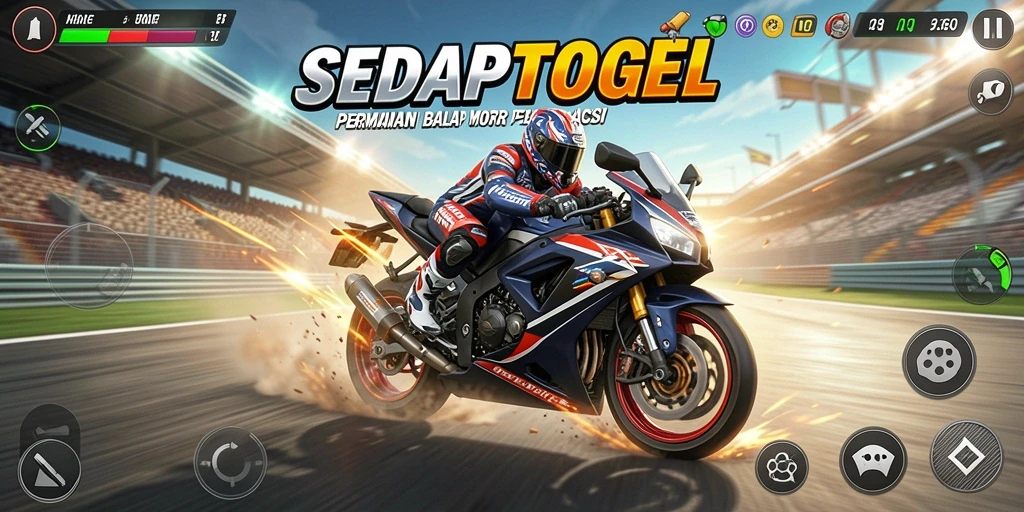 Gameplay SEDAPTOGEL yang mendebarkan dengan balapan motor yang cepat.