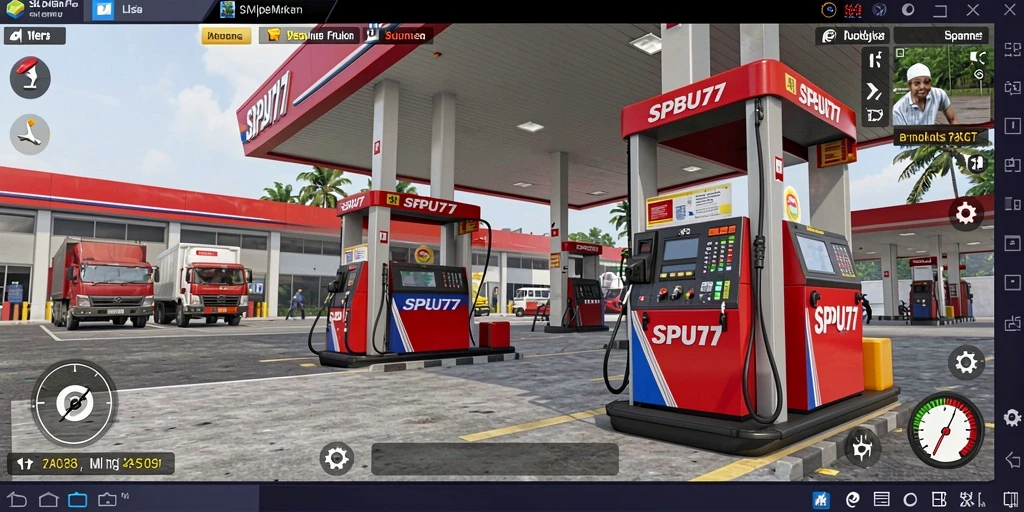 Tampilan gameplay seru di SPBU77 dengan manajemen stasiun pengisian.