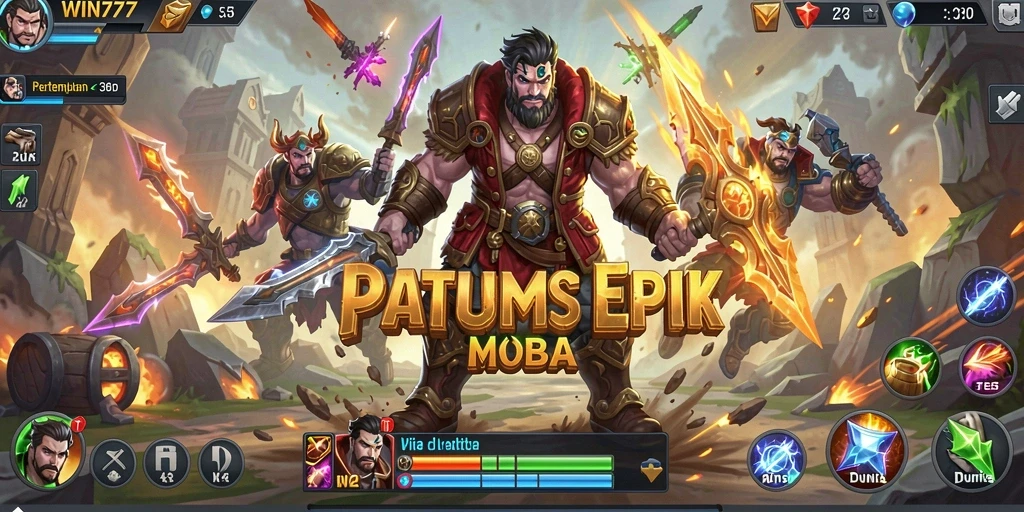 Screenshot gameplay <strong>WIN777</strong> menampilkan pertarungan seru di arena MOBA.