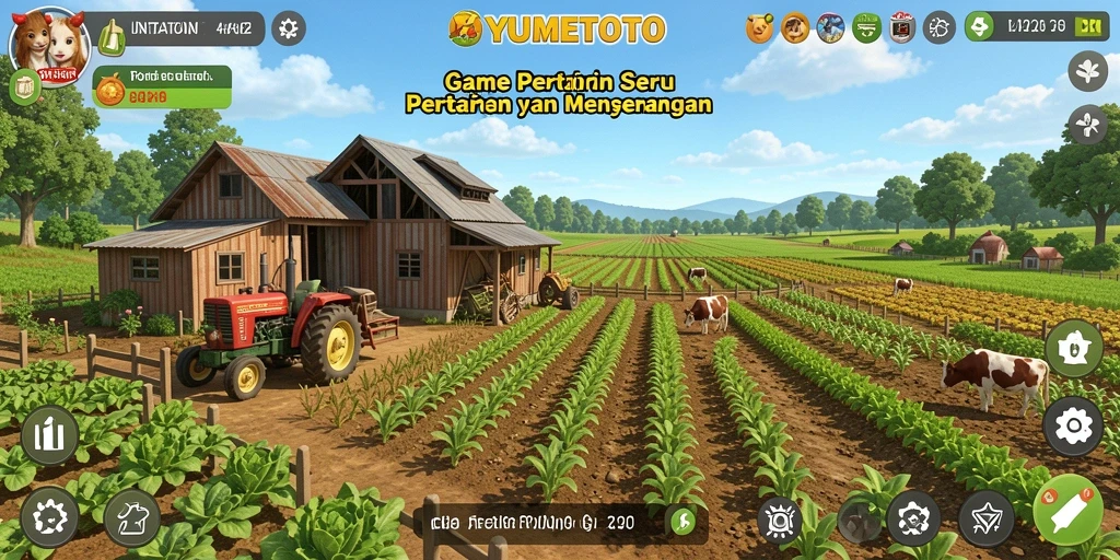 Screenshot gameplay YUMETOTO menampilkan kebun yang hijau dan subur.